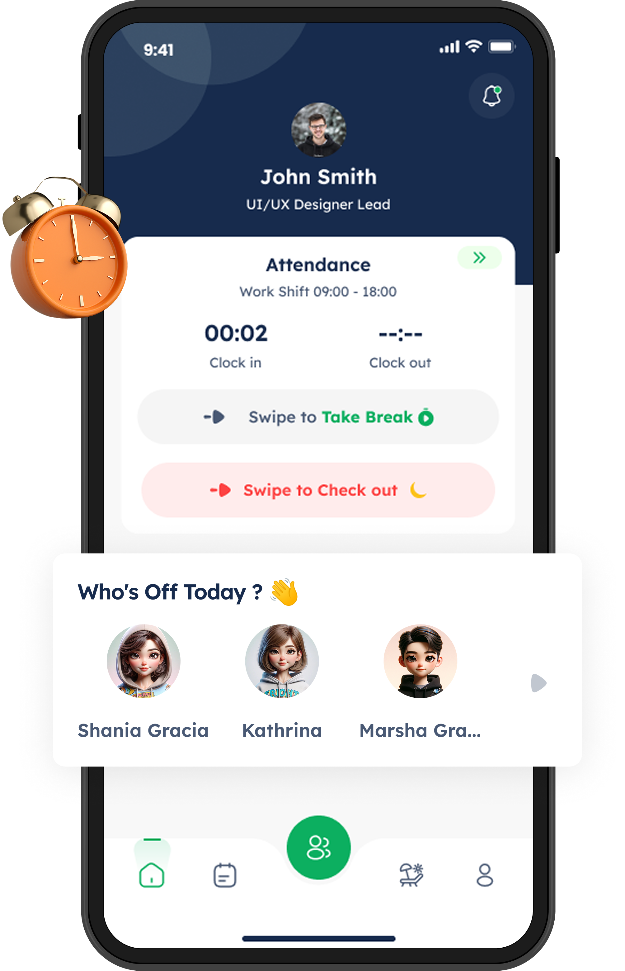 Mobile screen showing attendance app with user John Smith, UI/UX Designer Lead, clocked in for work shift 09:00-18:00, swipe buttons to take break or check out, and a 'Who's Off Today?' section with avatars of three people.